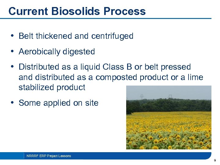 Current Biosolids Process • Belt thickened and centrifuged • Aerobically digested • Distributed as