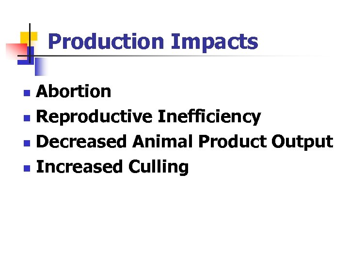 Production Impacts Abortion n Reproductive Inefficiency n Decreased Animal Product Output n Increased Culling