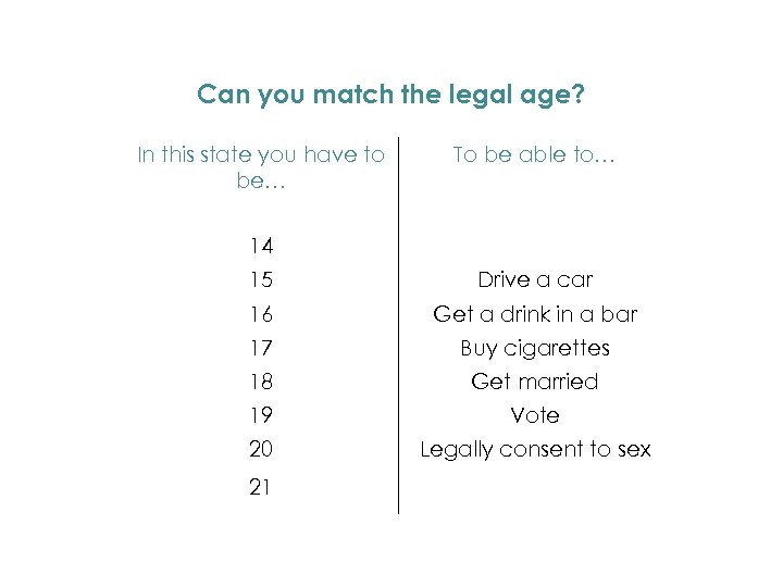 Can you match the legal age? In this state you have to be… To