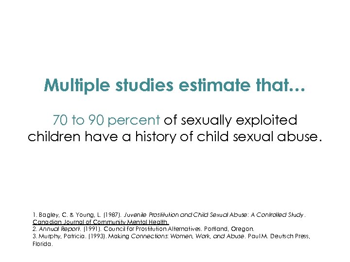 Multiple studies estimate that… 70 to 90 percent of sexually exploited children have a
