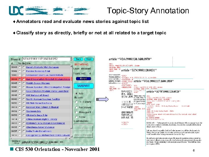 Topic-Story Annotation ¨Annotators read and evaluate news stories against topic list ¨Classify story as