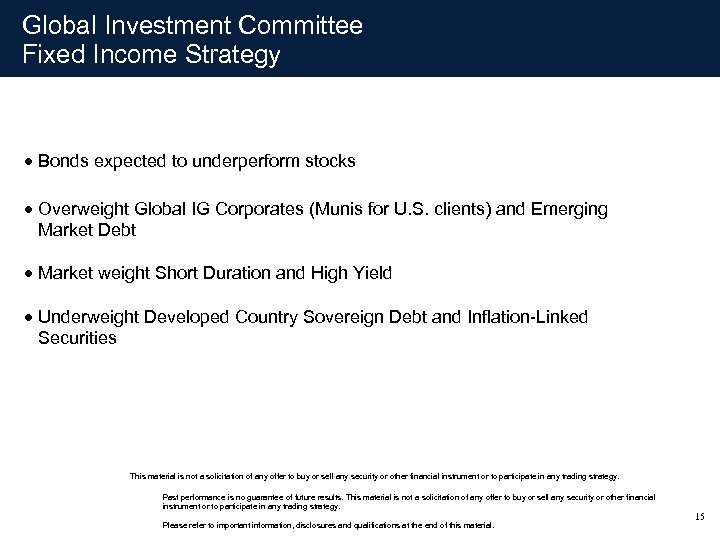 Global Investment Committee Fixed Income Strategy · Bonds expected to underperform stocks · Overweight