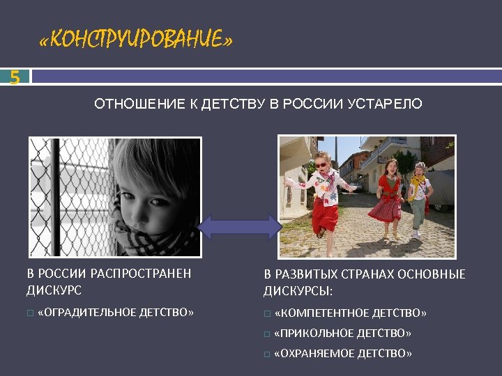  «КОНСТРУИРОВАНИЕ» 5 ОТНОШЕНИЕ К ДЕТСТВУ В РОССИИ УСТАРЕЛО В РОССИИ РАСПРОСТРАНЕН ДИСКУРС «ОГРАДИТЕЛЬНОЕ