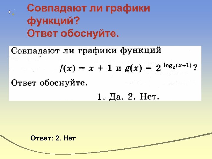 Совпадают ли графики функций? Ответ обоснуйте. Ответ: 2. Нет 