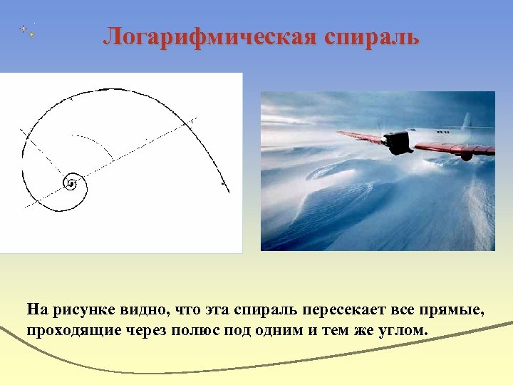 Логарифмическая спираль На рисунке видно, что эта спираль пересекает все прямые, проходящие через полюс