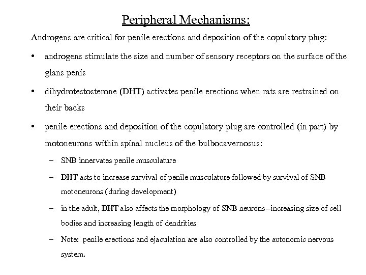 Peripheral Mechanisms: Androgens are critical for penile erections and deposition of the copulatory plug: