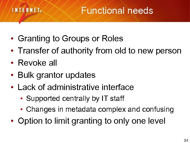 Functional needs • • • Granting to Groups or Roles Transfer of authority from