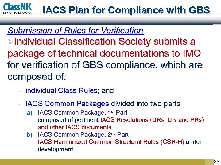 IACS Plan for Compliance with GBS Submission of Rules for Verification ØIndividual Classification Society