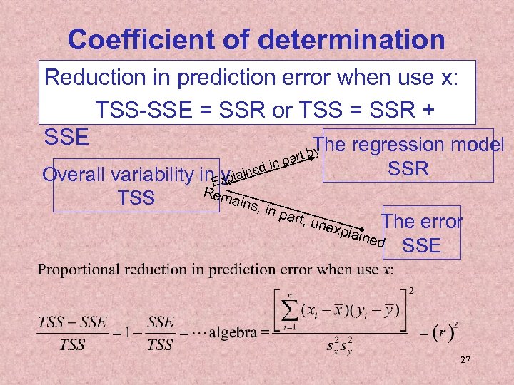 Coefficient of determination Reduction in prediction error when use x: TSS-SSE = SSR or