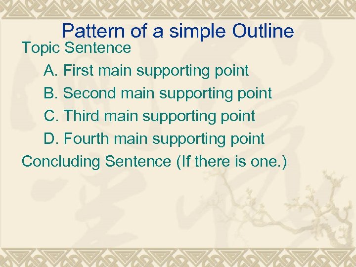 Pattern of a simple Outline Topic Sentence A. First main supporting point B. Second