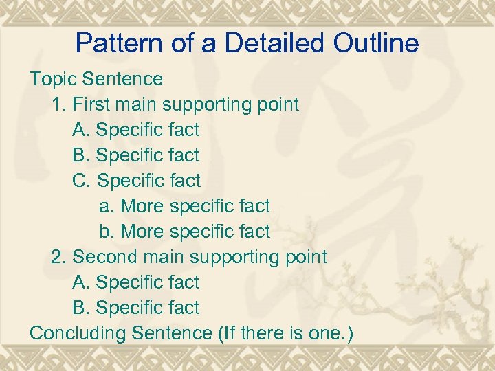 Pattern of a Detailed Outline Topic Sentence 1. First main supporting point A. Specific