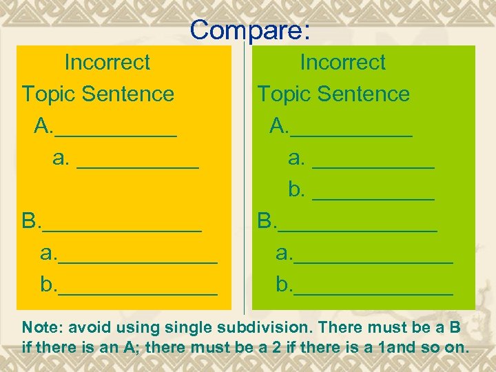 Compare: Incorrect Topic Sentence A. _____ a. _____ B. _______ a. _______ b. _______