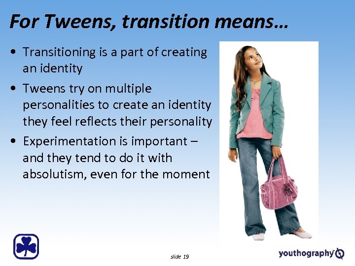 For Tweens, transition means… • Transitioning is a part of creating an identity •