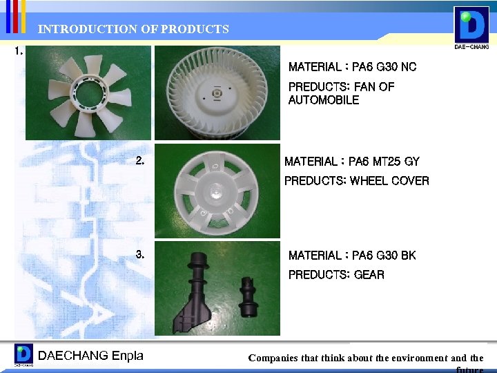 INTRODUCTION OF PRODUCTS 1. MATERIAL : PA 6 G 30 NC PREDUCTS: FAN OF