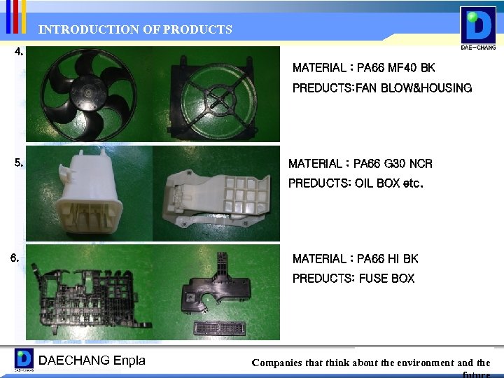 INTRODUCTION OF PRODUCTS 4. MATERIAL : PA 66 MF 40 BK PREDUCTS: FAN BLOW&HOUSING