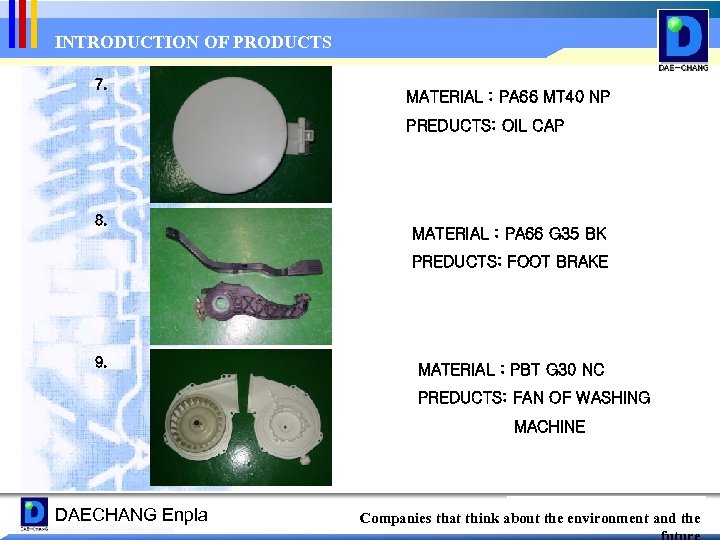 INTRODUCTION OF PRODUCTS 7. MATERIAL : PA 66 MT 40 NP PREDUCTS: OIL CAP