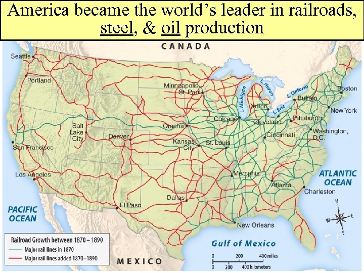 America became the world’s leader in railroads, steel, & oil production 