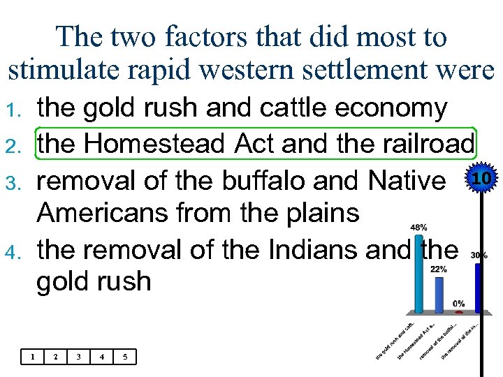 The two factors that did most to stimulate rapid western settlement were the gold