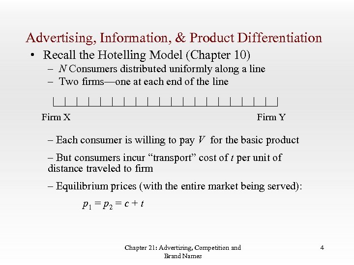 Advertising, Information, & Product Differentiation • Recall the Hotelling Model (Chapter 10) – N