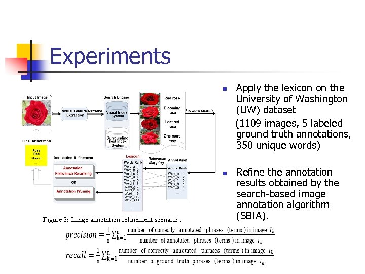 Experiments n n Figure 2: Image annotation refinement scenario. Apply the lexicon on the
