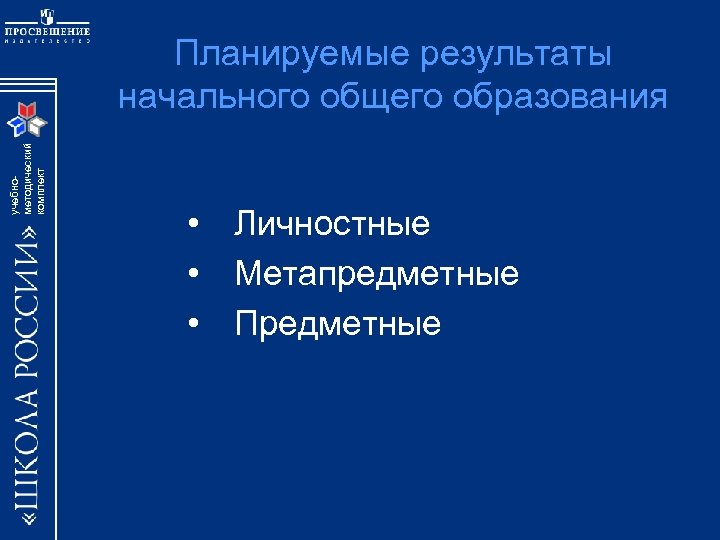 учебнометодический комплект Планируемые результаты начального общего образования • Личностные • Метапредметные • Предметные 