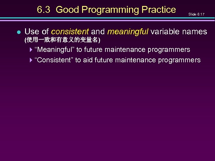 6. 3 Good Programming Practice l Slide 6. 17 Use of consistent and meaningful