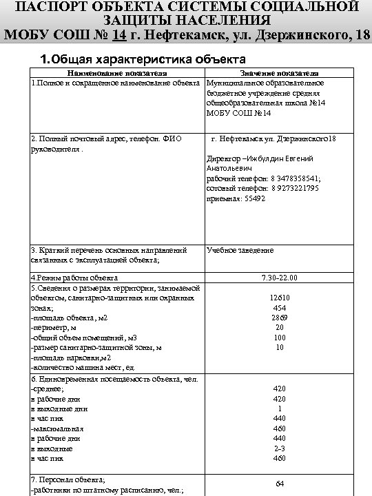 ПАСПОРТ ОБЪЕКТА СИСТЕМЫ СОЦИАЛЬНОЙ ЗАЩИТЫ НАСЕЛЕНИЯ МОБУ СОШ № 14 г. Нефтекамск, ул. Дзержинского,