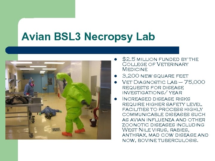 Avian BSL 3 Necropsy Lab l l $2. 5 million funded by the College