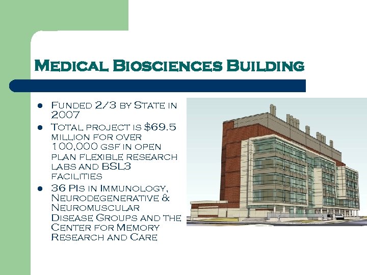 Medical Biosciences Building l l l Funded 2/3 by State in 2007 Total project