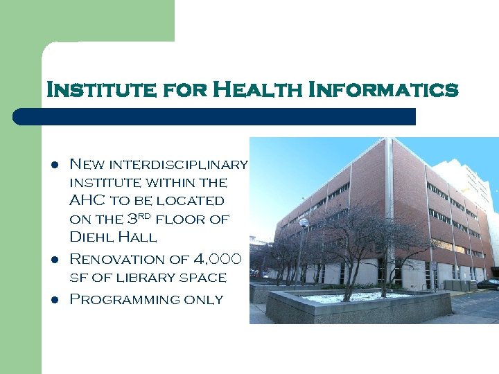 Institute for Health Informatics l l l New interdisciplinary institute within the AHC to