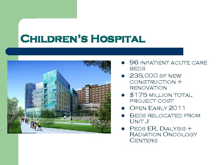 Children’s Hospital l l l 96 inpatient acute care beds 235, 000 sf new