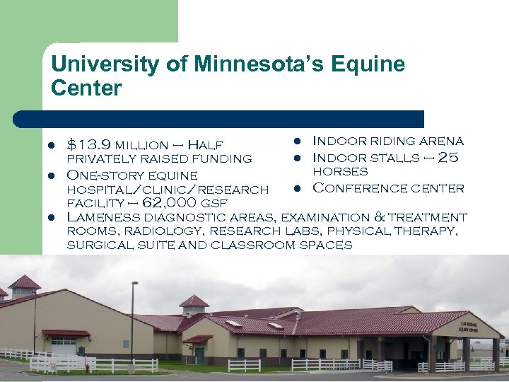 University of Minnesota’s Equine Center l l Indoor riding arena $13. 9 million –