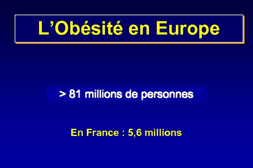 L’Obésité en Europe > 81 millions de personnes En France : 5, 6 millions