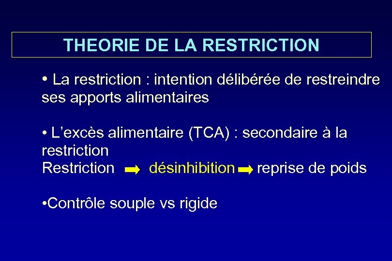 THEORIE DE LA RESTRICTION • La restriction : intention délibérée de restreindre ses apports