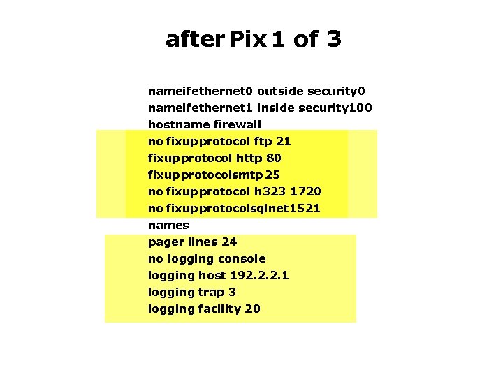 after Pix 1 of 3 nameifethernet 0 outside security 0 nameifethernet 1 inside security