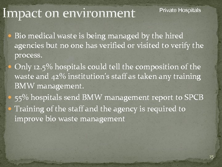 Impact on environment Private Hospitals Bio medical waste is being managed by the hired