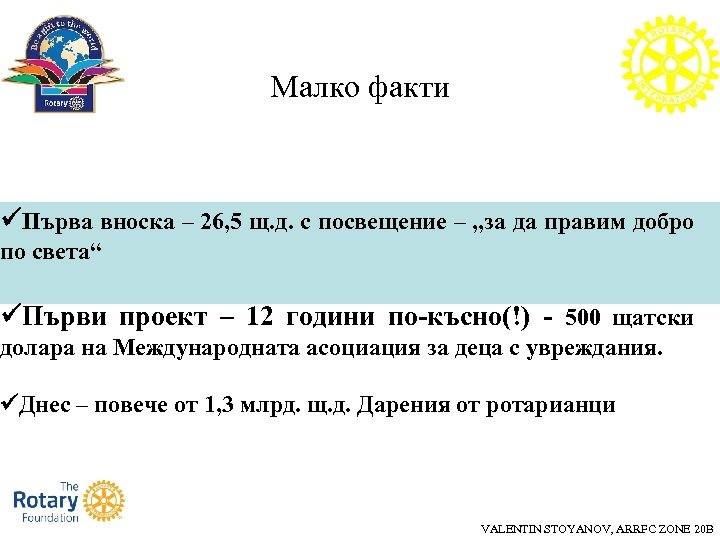 Малко факти Първа вноска – 26, 5 щ. д. с посвещение – „за да