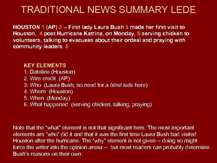 TRADITIONAL NEWS SUMMARY LEDE HOUSTON 1 (AP) 2 -- First lady Laura Bush 3