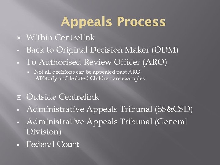 Appeals Process § § Within Centrelink Back to Original Decision Maker (ODM) To Authorised
