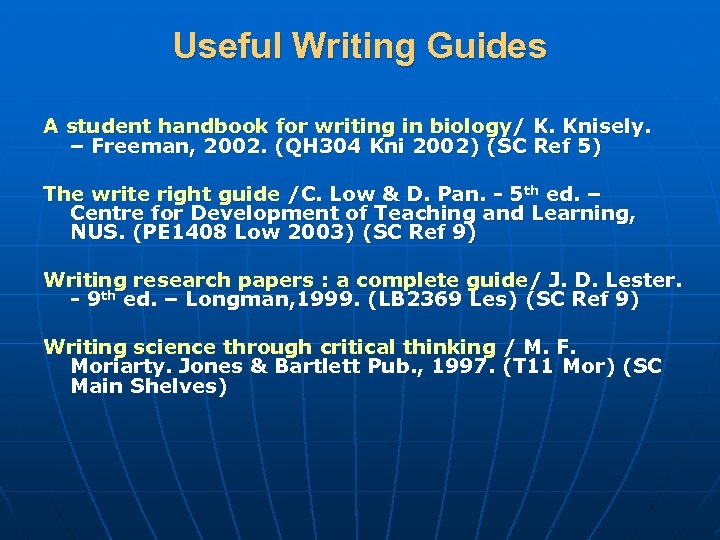 Useful Writing Guides A student handbook for writing in biology/ K. Knisely. – Freeman,