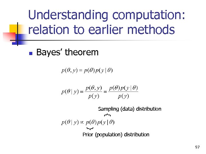 Understanding computation: relation to earlier methods Bayes’ theorem Sampling (data) distribution } Prior (population)