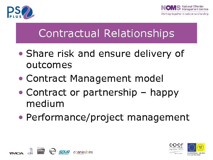 Contractual Relationships • Share risk and ensure delivery of outcomes • Contract Management model