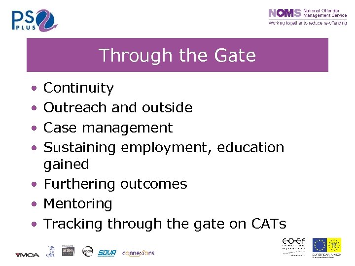 Through the Gate • • Continuity Outreach and outside Case management Sustaining employment, education
