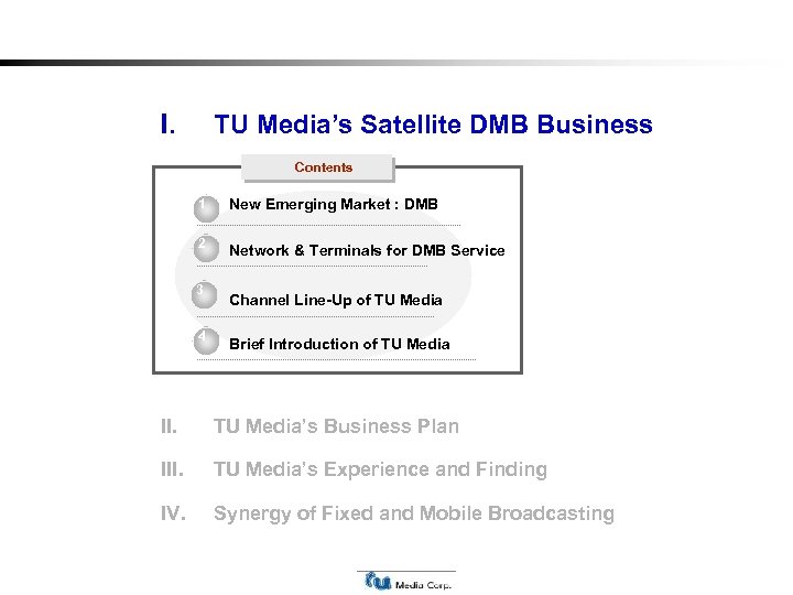 I. TU Media’s Satellite DMB Business Contents 1 New Emerging Market : DMB 2