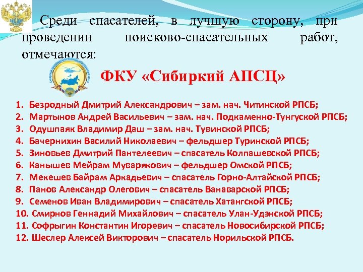 Среди спасателей, в лучшую сторону, при проведении поисково-спасательных работ, отмечаются: ФКУ «Сибиркий АПСЦ» 1.