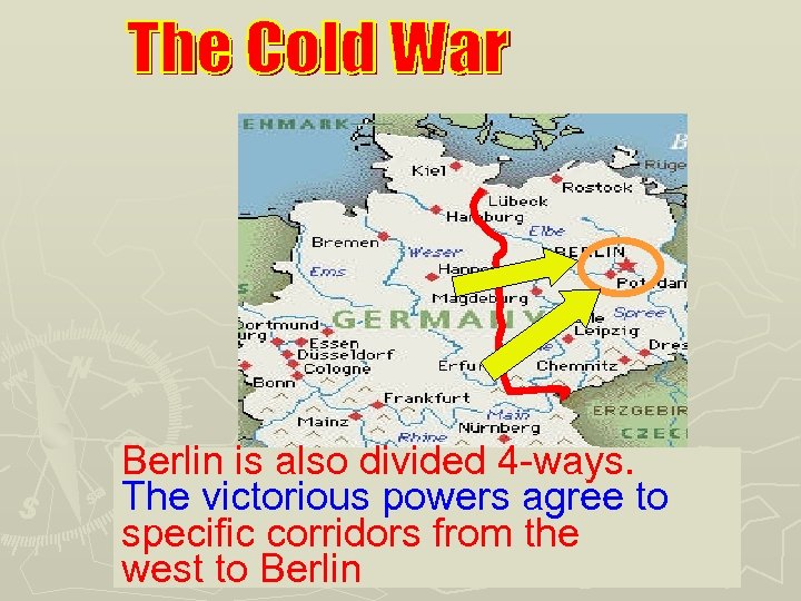 Berlin is also divided 4 -ways. The victorious powers agree to specific corridors from