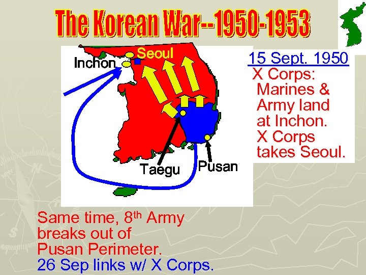 Inchon Seoul Taegu Pusan Same time, 8 th Army breaks out of Pusan Perimeter.