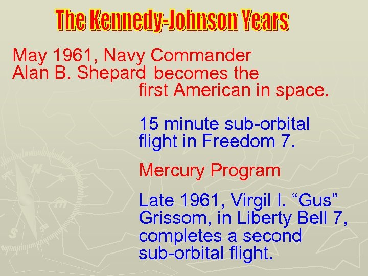 May 1961, Navy Commander Alan B. Shepard becomes the first American in space. 15