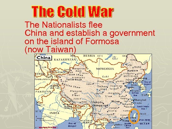 The Nationalists flee China and establish a government on the island of Formosa (now