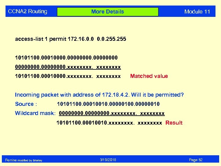 CCNA 2 Routing Module 11 More Details access-list 1 permit 172. 16. 0. 0.